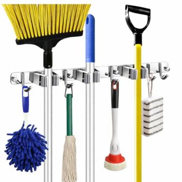 Imagem de Suporte de Parede organizador para Vassouras, Rodo, Esfregão, Utensílios de Limpeza e Ferramentas de Jardim, Suporte de Vassoura de Parede Inox – Fixação com Adesivo ou Parafuso