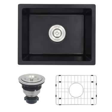 Imagem de MONSINTA Pia de cozinha sob montagem, pia de barra preta fosca de 45,7 cm x 35,5 cm, pia de cozinha composta de granito pequena com conjunto de ralo de pia e grade inferior da pia