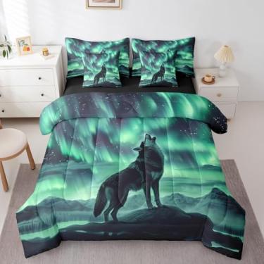 Imagem de Erosebridal Jogo de cama Queen com estampa de lobo uivante e estrelas, céu estrelado, galáxia, estrelas, natureza, iceberg, lobos, vida selvagem, safári, animal e edredom
