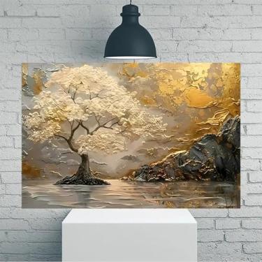Imagem de Golden Tree Reflection Arte de parede em tela rústica vintage - Pôster sem moldura de 30 x 45 cm - Ideia de presente para decoração de casa e escritório para sala de estar, quarto, cozinha e café
