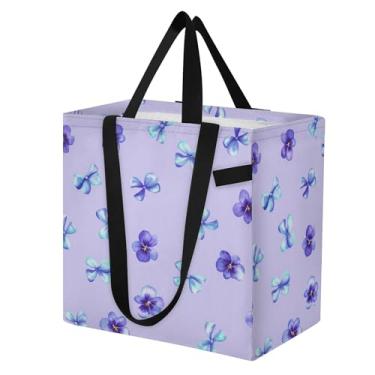 Imagem de SEHANY Sacolas de compras reutilizáveis com laço roxo fofo com alças reforçadas, bolsa de compras de lona dobrável à prova d'água de grande capacidade para viagem, cozinha, praia