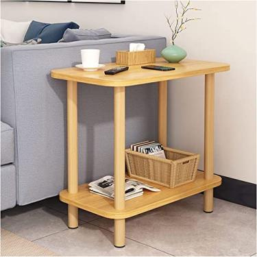 Imagem de Mesa de cabeceira alta de 2 andares, mesa de cabeceira de sofá de design minimalista com prateleiras multifuncionais e pernas de madeira para sala de estar, sala de estudo, quarto, natural digno