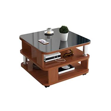 Imagem de U5GAAALPPQ9 Pequena mesa de centro removível, mesa doméstica pequena, tampo de vidro temperado preto e prateleira de armazenamento dupla de madeira, cor teca e ()