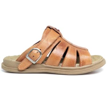 Imagem de Sandália Chinela de Couro Masculina Confortável, Tiras Largas, Cor Caramelo, Sola Antiderrapante (BR, Adulto, Numérico, 38)