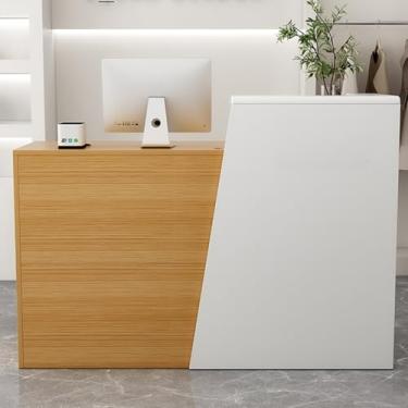 Imagem de Mesa de recepção moderna com defletor em forma de L, armário de armazenamento e gaveta - ideal para lobby, salão, escritório em casa (natural, 140 cm)