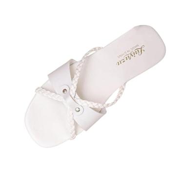 Imagem de Sandálias femininas planas com alça envolvente para primavera, verão, casual, confortável, bico aberto, sapatos de praia bidirecionais com salto de 1 cm, Branco, 38