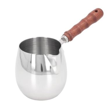 Imagem de MOPFOL Cafeteira de aço inoxidável – aquecedor de leite com cabo de madeira para fogão, latte art e acampamento, design de bico à prova de vazamento (420 ml)