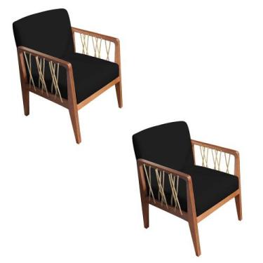 Imagem de Kit 02 Poltronas Barcelona Linho Preto Com Corda Náutica Champagne Bas