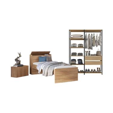 Imagem de Quarto Completo Com Cama Solteiro Para Colchão 188x78cm Com Baú Embutido Multimóveis Mp4342 Preto Madeirado