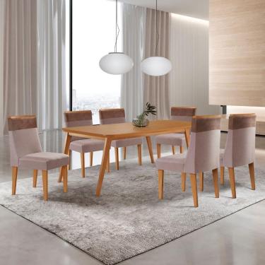 Imagem de Mesa De Jantar Copper 180cm Tampo Mdf Com 6 Cadeiras Moderna Linho Capuccino / Tork / Naturale