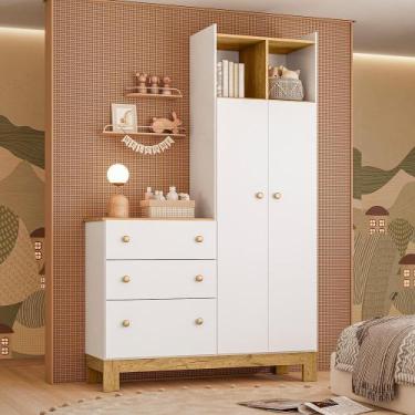 Imagem de Guarda Roupa Infantil Flora com Comoda Branco Acetinado - Qmovi