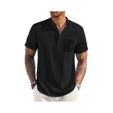 Imagem de Camiseta Masculina De Verão Em Algodão E Linho Com Gola Henley, Leve, 
