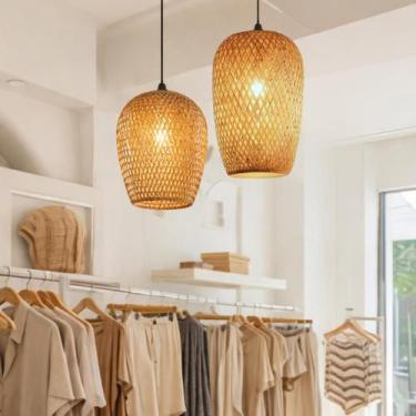 Imagem de Kit 2 Luminárias Teto 37cm 28cm Bambu Natural Artesanal Lustre Pendent