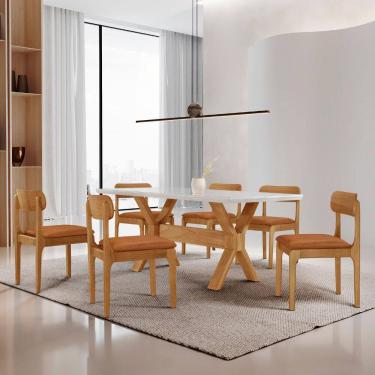 Imagem de Sala de Jantar Mesa Star 180cm Tampo Laqueado Canto Moeda e 6 Cadeiras Star Moderna Mobilia