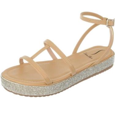 Imagem de Sandalia Flat Brilho Somileve Nayara Tiras Conforto Fivela, Palha, 38