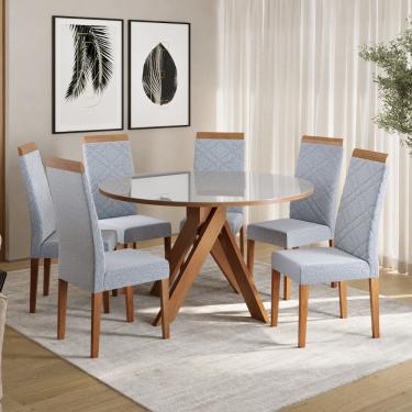 Imagem de Conjunto Sala de Jantar Mesa 137cm com Tampo de Vidro Mônaco com  6 Cadeiras Atlas Madetal - Mel/Nude/Cinza