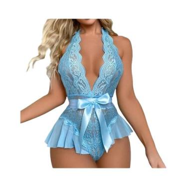 Imagem de Pijama Feminino Sensual De Renda Transparente Com Decote V E Costas Ab