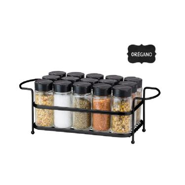 Imagem de Porta Tempero Condimento 15 Potes Vidro Tampa Dosadora Suporte Preto Organização Cozinha