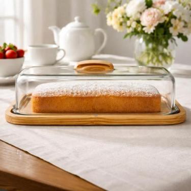 Imagem de Boleira Porta Tortas Retangular Grande Madeira Vidro 40cm - Luggari