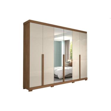 Imagem de Guarda Roupa Casal Guarapari 6 Portas de Abrir 6 Gavetas MDF com Espelho Avelã-Off White Panan Móveis