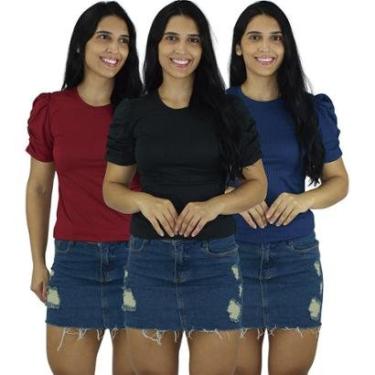 Imagem de Blusas Femininas Manga Bufante Princesa Malha Canelada Moda Verão Atacado Revenda-Feminino