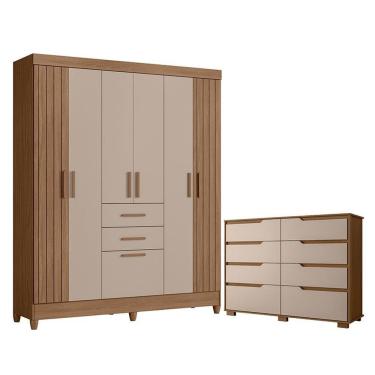 Imagem de Guarda Roupa Solteiro e Cômoda Malta Georgia 7 Portas 10 Gavetas MDP MDF Carvalho Fendi Fosco