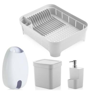 Imagem de Kit Cozinha Escorredor De Louças + Lixeira 2,5L + Dispenser Detergente