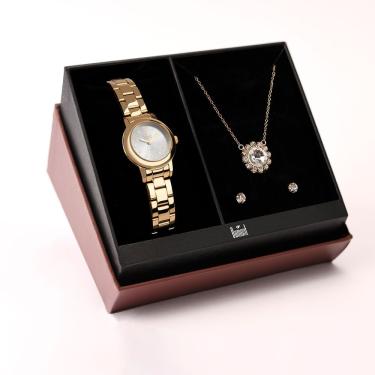 Imagem de Kit Relógio Feminino Dumont DU2035MOO-K4K Aço Pequeno Dourado Mostrador Prata Resistente à Água