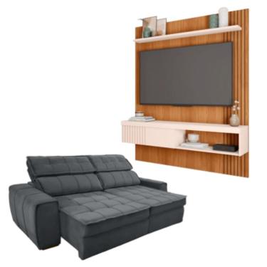 Imagem de Kit Sofá Retrátil e Reclinável América 3 Lugares com Painel Esmeralda Freijo-off White-cinza Estofados Matielo