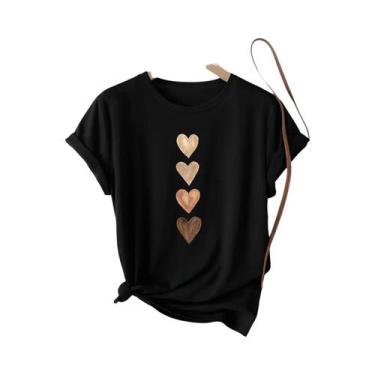 Imagem de Camiseta Casual Feminina Preta Com Detalhes Dourados, Estampa Gráfica 