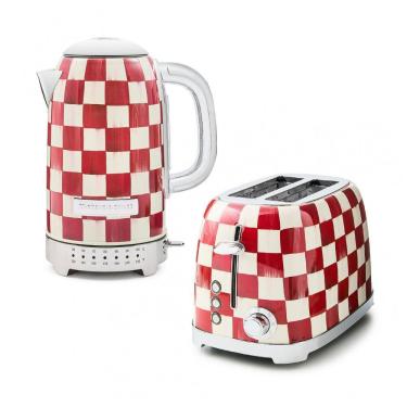 Imagem de Conjunto chaleira elétrica e torradeira 2 fatias MacKenzie-Childs Cherry Check vermelha e branca inox 1500W e 850W 110V