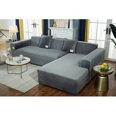 Imagem de Capa de sofá em forma de L, capa de sofá secional - Sofá seccional super espessa para 1 ② ③ Capas de sofá de veludo elástico elástico de 4 lugares protetor de móveis em forma de L - cinza claro 4 lugares (235~30