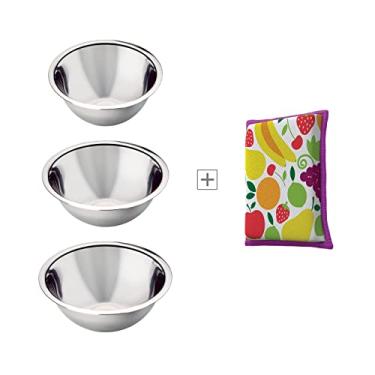 Imagem de Conjunto com 3 Tigelas Fundas inox + 1 esponja de microfibra, KIT0082, Euro Home