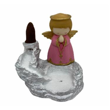 Imagem de Incensário Cascata Branca com Anjo Rosa em Resina 12 cm