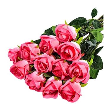 Imagem de 12 peças flores artificiais falsas rosa toque real arranjo de flores falsas falso buquê de rosas flores artificiais galhos de árvore hastes jardim varanda caixa de janela casa casamento decoração de fazenda