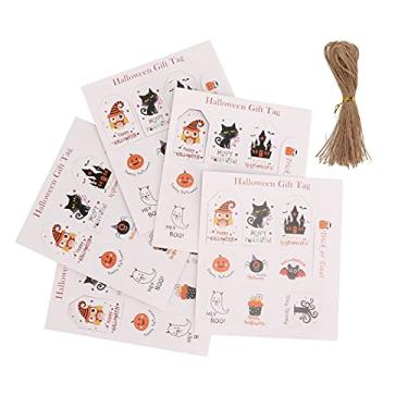 Imagem de Etiquetas de presente de Halloween com 100 peças, etiquetas de etiqueta de presente de Halloween com corda de juta para pendurar em sacos de doces de Halloween