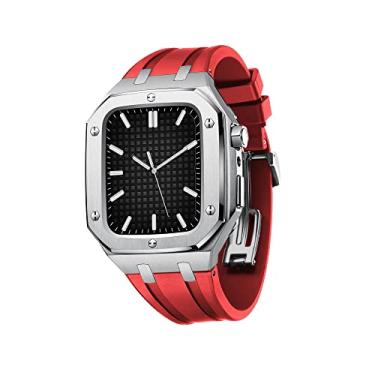 Imagem de CZKE Capa protetora de cobertura total para pulseira de relógio Apple 45mm 44mm homens mulheres capa protetora de metal com alça de silicone à prova de choque (cor: vermelho prateado,