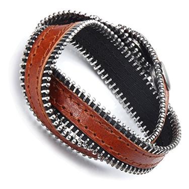 Imagem de Pulseira masculina de couro genuíno marrom estilo zíper da Urban Jewelry