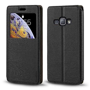 Imagem de Capa para Samsung Galaxy J1 6 Duos LTE, capa de couro de grão de madeira com suporte de cartão e janela, capa flip magnética para Samsung Galaxy J1 4G (4,5 polegadas) preta