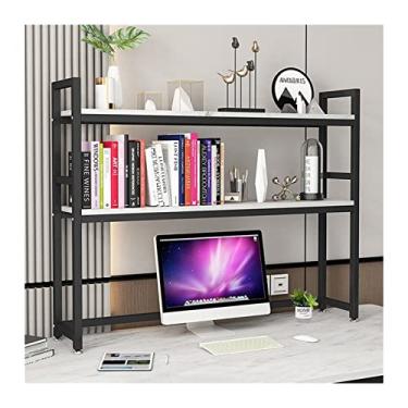 Imagem de KIZQYN Estante de livros de 3 camadas para mesa organizador de armazenamento prateleiras laminadas de mármore e moldura de metal preta para organizador de espaço de casa e escritório (tamanho: 95 cm x 24 cm x 83 cm)