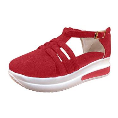 Imagem de Sandálias femininas de verão com plataforma de tiras, sapatos anabela, confortáveis e femininos, para ambientes externos, Vermelho, 8