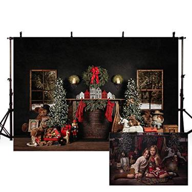 Imagem de MEHOFOND 2,1 x 1,5 m Fundo de Fotografia de Natal Árvore de Natal com guirlanda de lareira Meoca Cenários Pretos de Inverno Natal Aniversário Festa Decoração Banner Foto Retrato Adereços