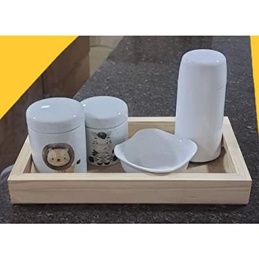 Imagem de Kit higiene bebê safari 5 peças - Bandeja, Garrafa térmica, potes e molhadeira - Peças porcelana bandeja pinus