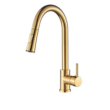 Imagem de Torneira de cozinha preto misturador de água quente e fria torneira de guindaste pulverizador de fluxo de rotação pia torneiras para cozinha pull-out, ouro brilhante