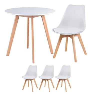 Imagem de Loft7, Kit Mesa redonda Leda 80 cm branco + 3 cadeiras estofadas Leda verde escuro
