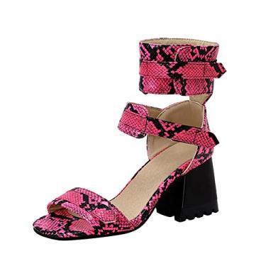 Imagem de Sandálias femininas modernas de couro de pele de cobra bico aberto oco salto alto grosso gancho laço sandálias romanas P para mulheres (rosa choque, 8)