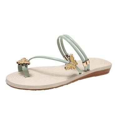 Imagem de Sandálias femininas felpudas moda verão borboleta cobertura dedo do pé palha sandálias de praia planas (verde menta, 8)