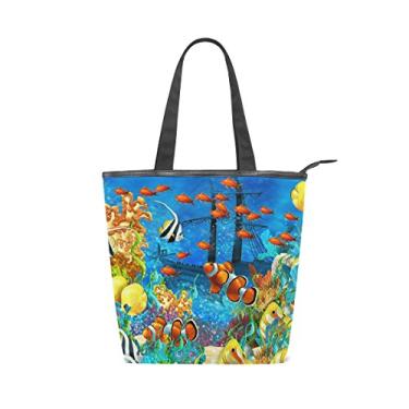 Imagem de Bolsa de ombro feminina ALAZA tipo sacola de lona com estampa de peixes, coral, navio