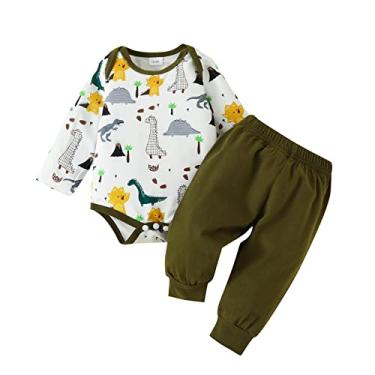 Imagem de Macacão infantil com estampa de dinossauro e manga para outono e manga 12 M shorts para meninos, Verde, 18-24 Months