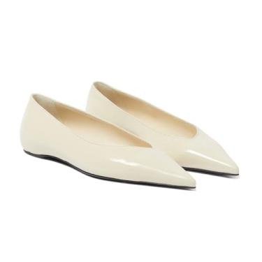 Imagem de THESHY Sapatilhas de balé de couro femininas com bico fino confortáveis casuais sapatos de bailarina sem cadarço, sapatilha de balé para mulheres, Branco, 8